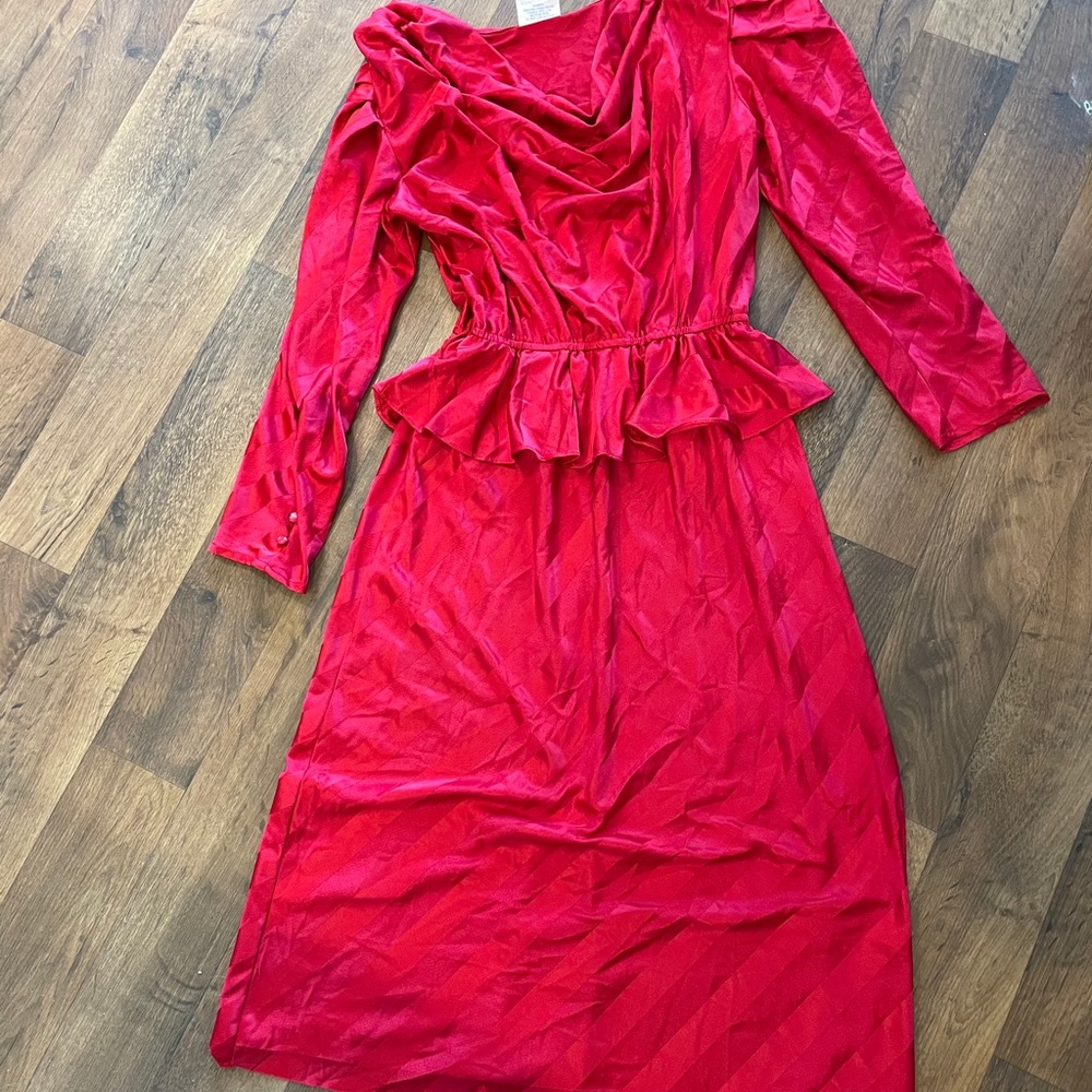 Red striped holiday dress with shoulder pads